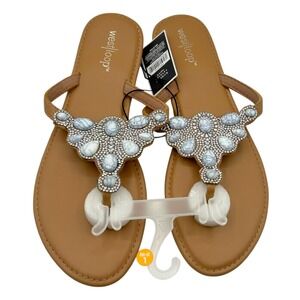 West Loop Women's Tan Silver Jeweled Flat Thong Sandals Size L(9/10)